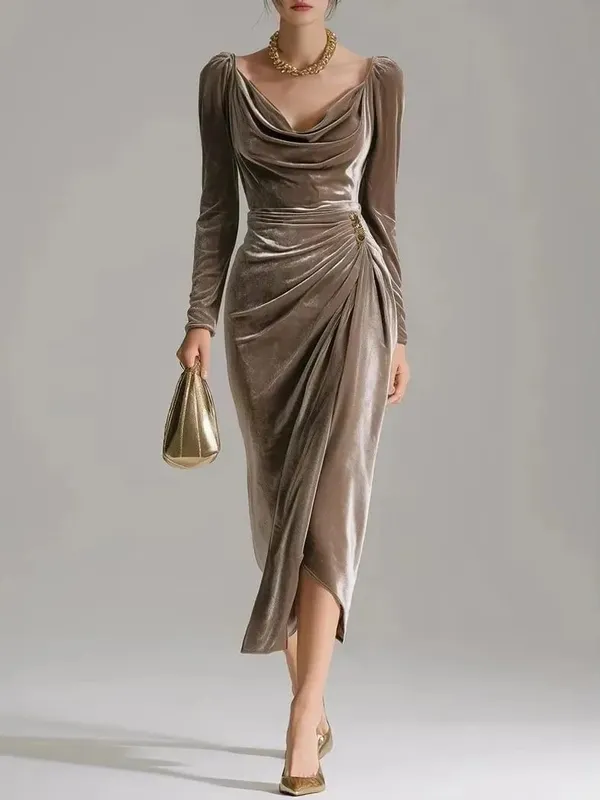 2025 Women's European & American Fashion Leisure Velvet Sexy New Long-sleeved Slimming Pleated Long A-line Split Bodycon Dress
