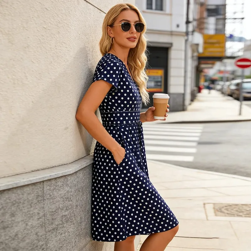 Women's V-Neck Wrap Dress with Pockets Short Sleeve Polka Dot Casual Summer Dress