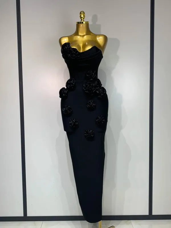 Nejnovější ženy 2025 Sexy šaty bez ramínek bez zad s červeným květem Midi bandážové šaty Celebirtní elegantní večerní narozeninové šaty do klubu