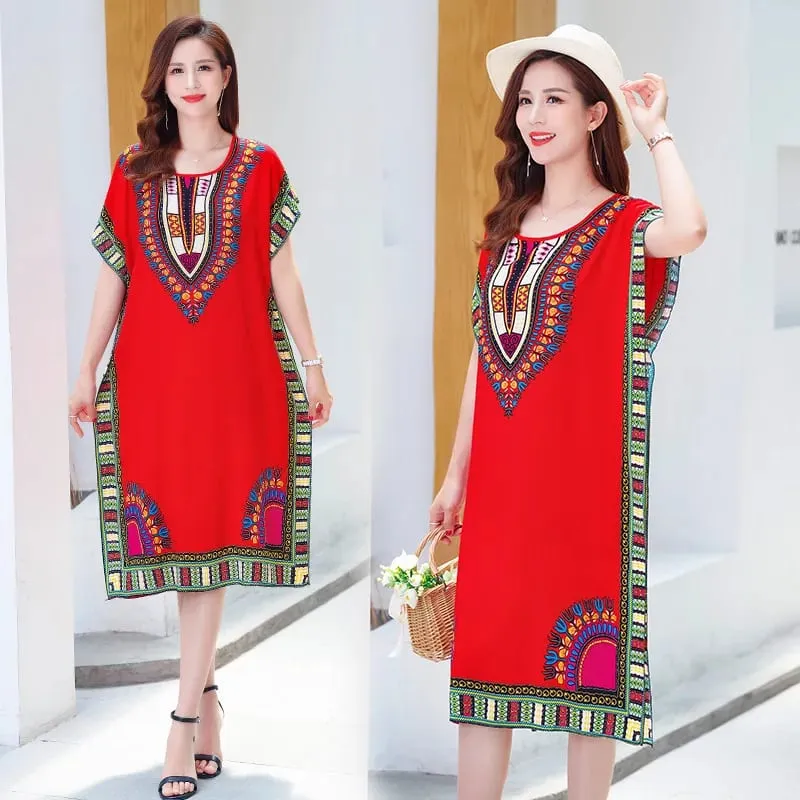 Summer cotton and silk dress medium and long bat sleeve loose large size beach dress mother dress belly and thin skirt women