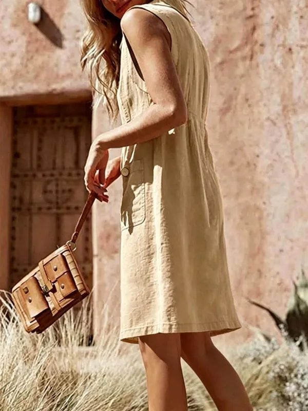 Women's dress summer new fashion V-neck single breasted buckle buckle dress pocket design sense skirt