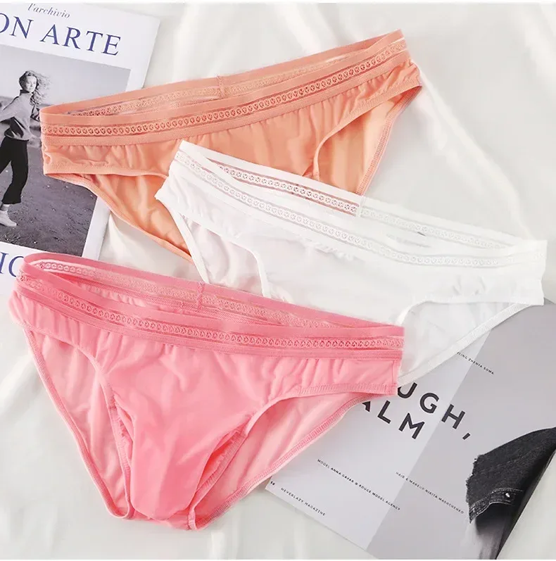 New Men's Ice Silk Briefs Ultra-thin Quick Dry High Elastic Lace Waistband Panties Sexy Seamless Breathable Bikini Underwear