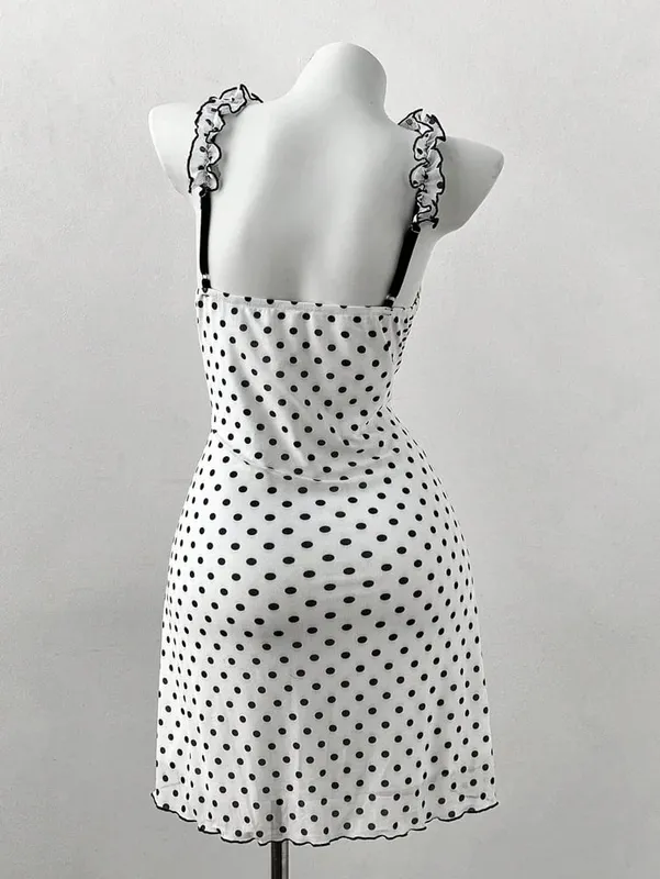Plus Size Y2K Polka Dot Dress Ruffle Trim Bow Front Cami Mini Dress Sexy Sweet Coquette Style Party Dress for Women