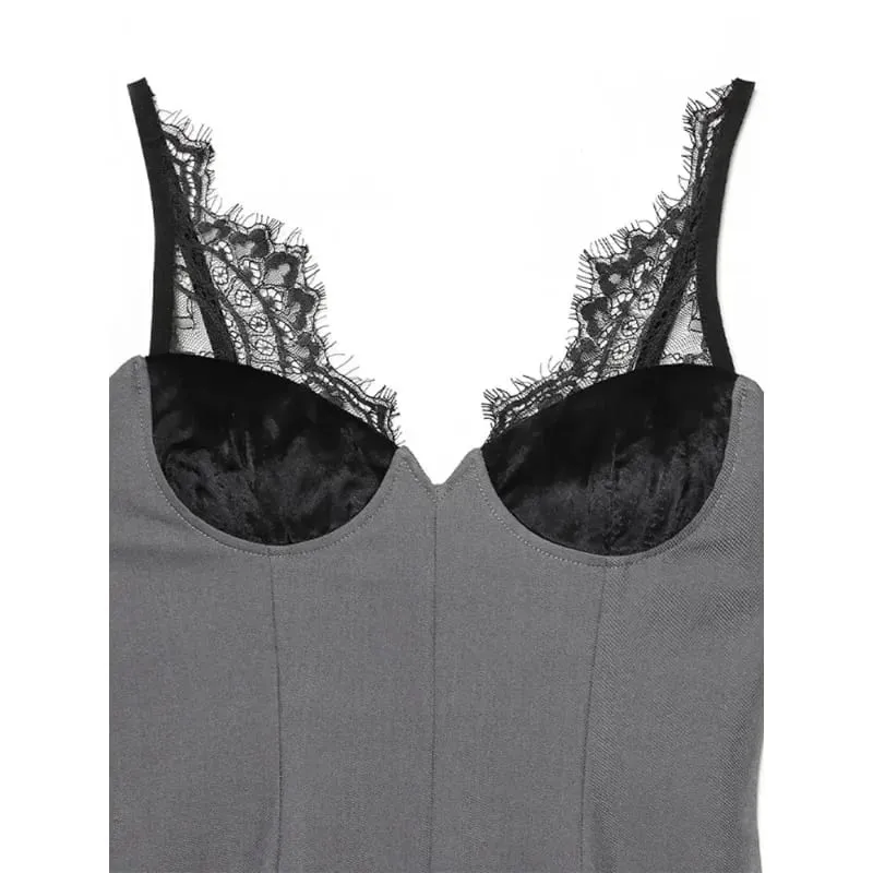 Gray Lace-Trimmed Camisole Dress Women V-neck Sleeveless Waist Cinching Dress Spring Summer Female Casual Outings Daily Matching