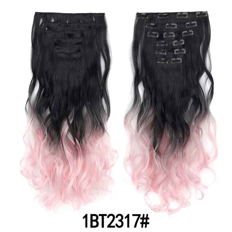 Clip in Hair Extension 6PCS Hairpiece 20Inch Long Wavy Synthetic Thick Double Weft Hair para sa Babae Gradient Color Pang-araw-araw na Paggamit