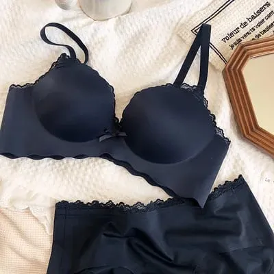 Wire Free Push Up Thicken Underwear For Women Small Chest Gather Seamless Bra And Panty Sets Bow Pure Color Fashion Intimates