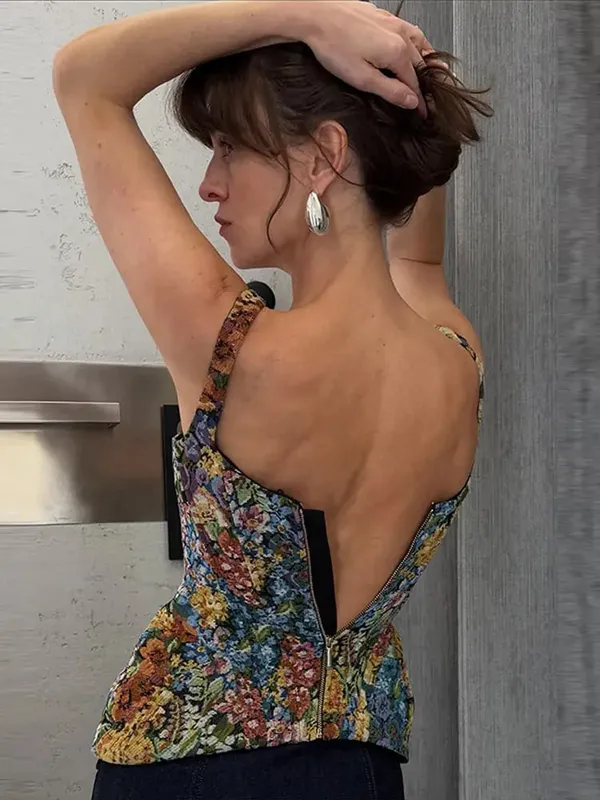 Floral Print Cami Corset Top Thin Straps U Neck Structured Waist Pointed Hem Vintage 2026 Spring Summer Vacation Lady Chic Top