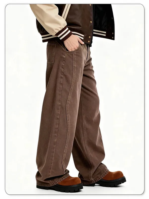 American Retro Men's Brown Casual Baggy Wide Leg Jeans Korean Cartoon Elephant Embroidery Loose Wide Leg Denim Pants Unisex