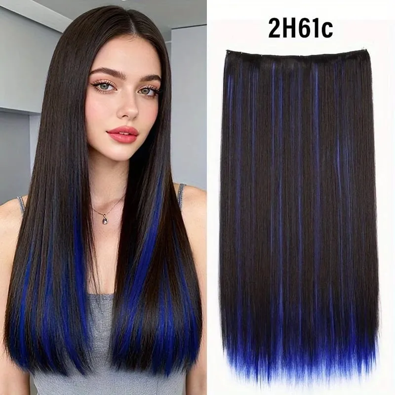 Synthetic 24Inch Long Straight 5 Clips Colorful Highlight Hair Extension Natural Soft Silky Hairpiece for Women Daily Use