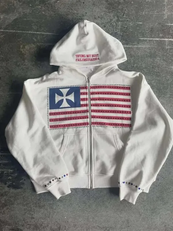 Autumn new national flag minimalist design color collision pattern men hooded sweatshirt Harajuku Y2k loose zipper sweatshirt