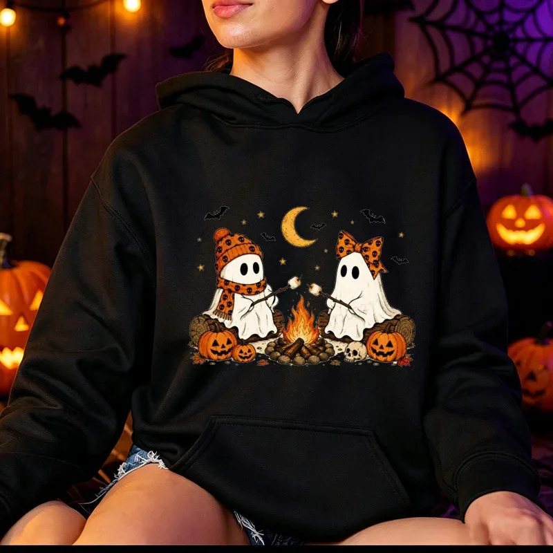 Halloween-Cute-Ghost-Camping-Fall Men's Women Hoodies Vintage Sweatshirts Fall Pumpkin Hooded Hoodies Spooky Season Sportwears