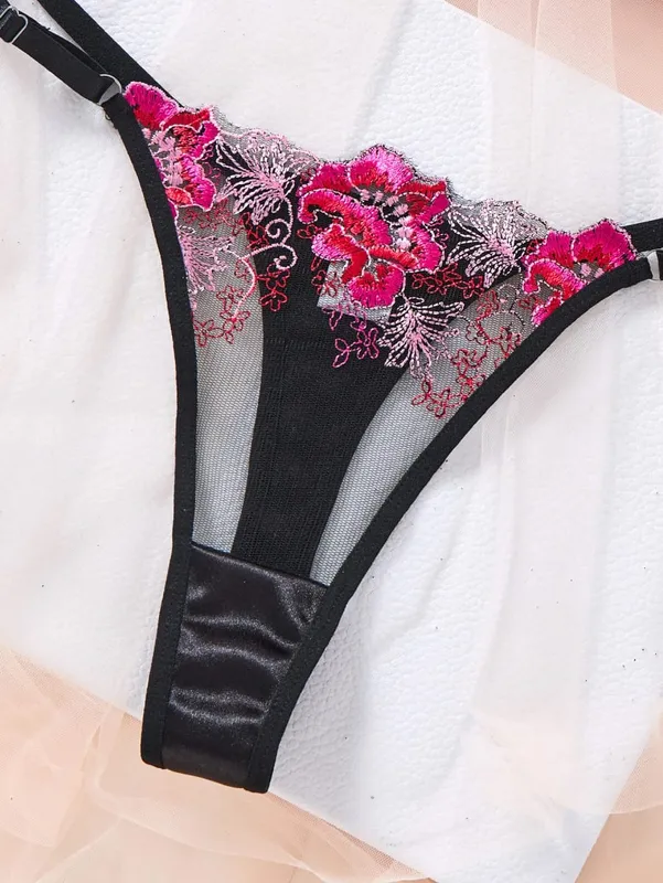 Women Black Floral Embroidery Lace Lingerie Set Push‑Up Bra & Thong Mesh Satin Intimate Underwear Daily Nightwear ZA825146