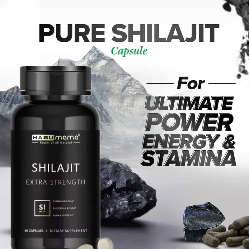 Organický Shilajit pro muže | 60 kapslí | Natural Energy + Stamina Booster | Himalájská minerální síla | Klinicky studovaný vzorec