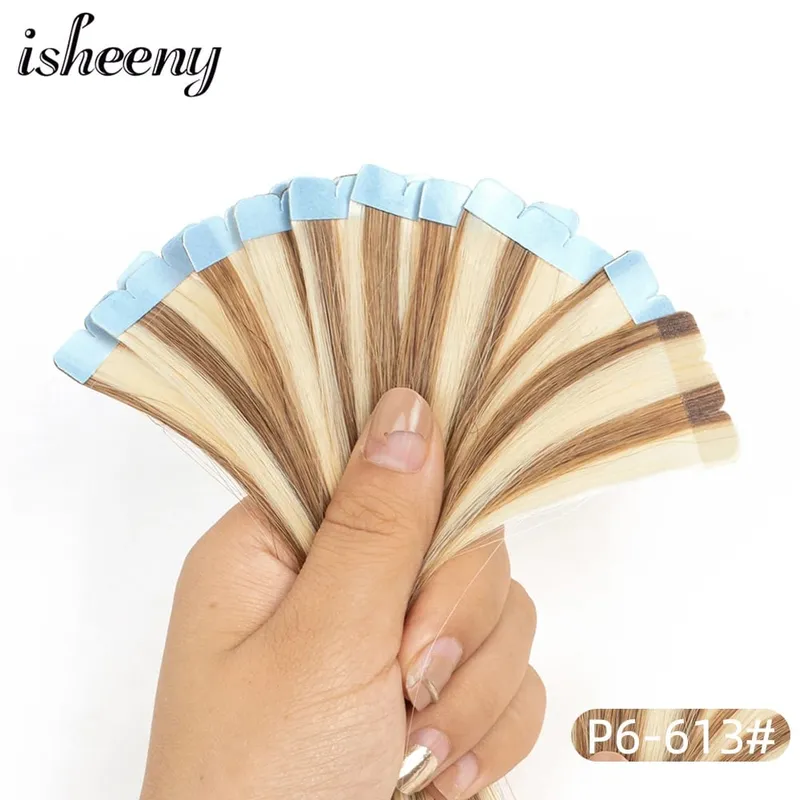 Isheeny 12"-20" Mini Tape Hair Extensions Machine Remy Skin Weft Adhesive Tape In Human Hair Natural Black Brown Blonde 10pcs