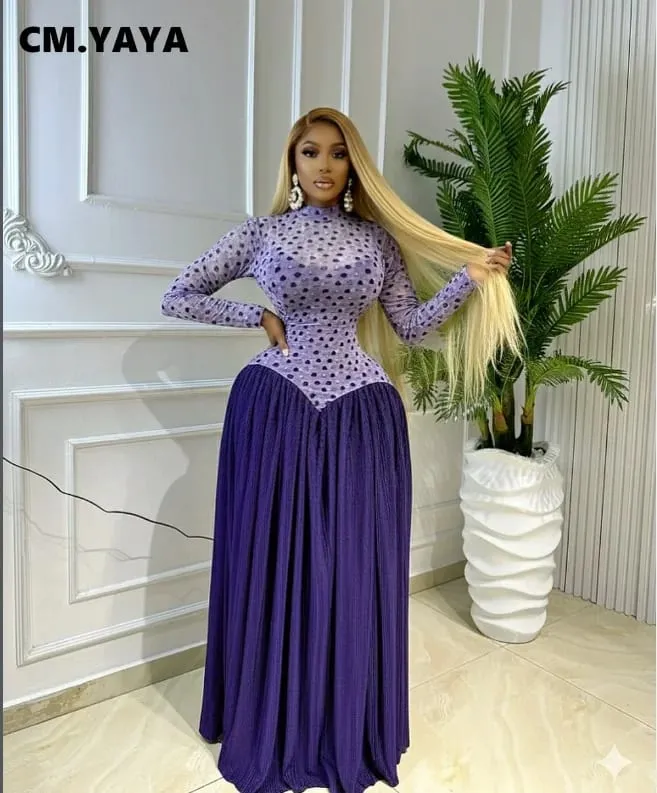 CM.YAYA Women V-neck Long Sleeve Big Swing Striped Print Long Dress 2026 Sexy Parties Evening Vacation Long Dresses Vestidos