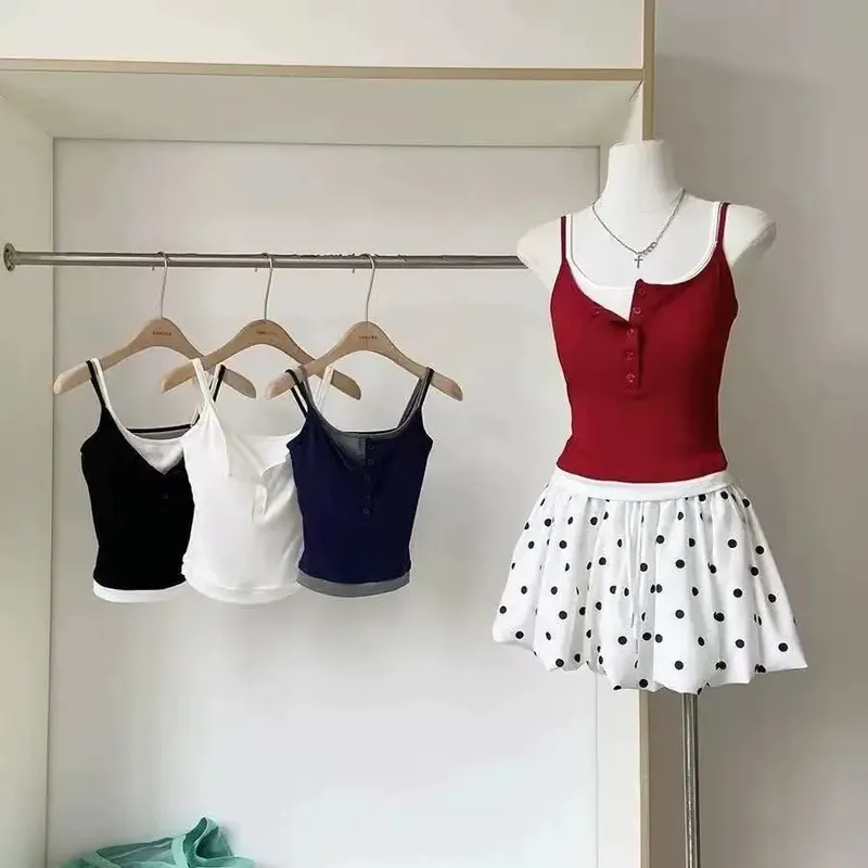 Fashion Fake Two Piece Camisole for Woman Spring Autumn Short Slim Fit Chest Pad Tank Women Korean Street Spicy Girl Clothes