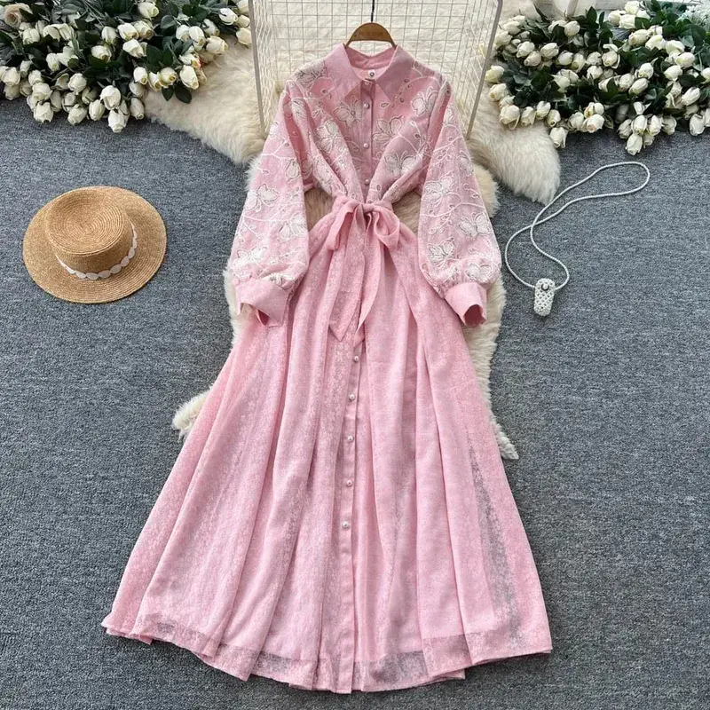French Vintage Lace Embroidered Lapel Lantern Sleeve Dress Women Korean Slim Fit Waist Mesh Slim Long Dress — image 12