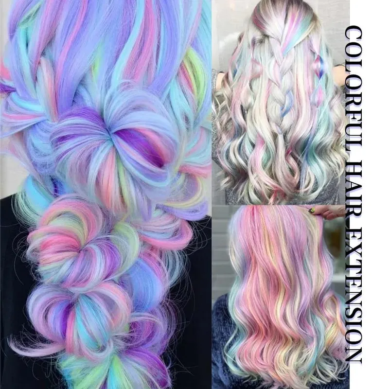 7 PCS Rainbow Colors Colored Hair Extensions Candy Color Hairpieces For Women Highlight Colorful Straight ClipIn Hair extension