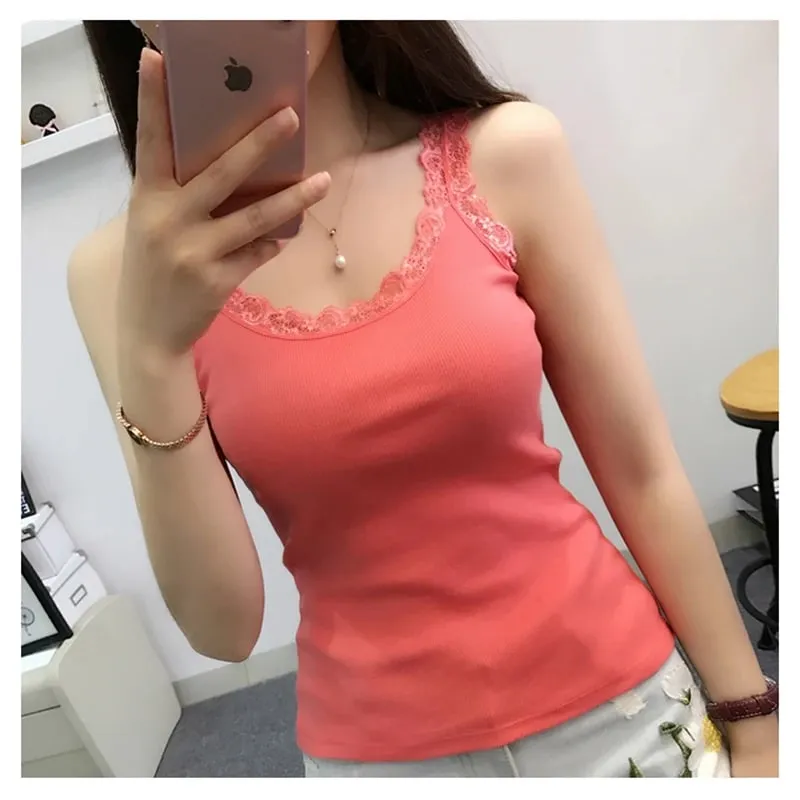 Summer Women Sleeveless Tanks Top Bodycon Temperament Sexy Lace Patchwork Tshirt Vest Tank Top Female Vest Tops Camis