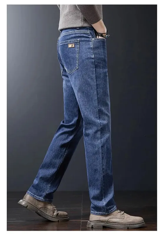 Men's Soft Stretch Straight Jeans Business Casual Slim Fit Wash Denim Pants Korean Fashion Blue Gray Male Brand Trousers