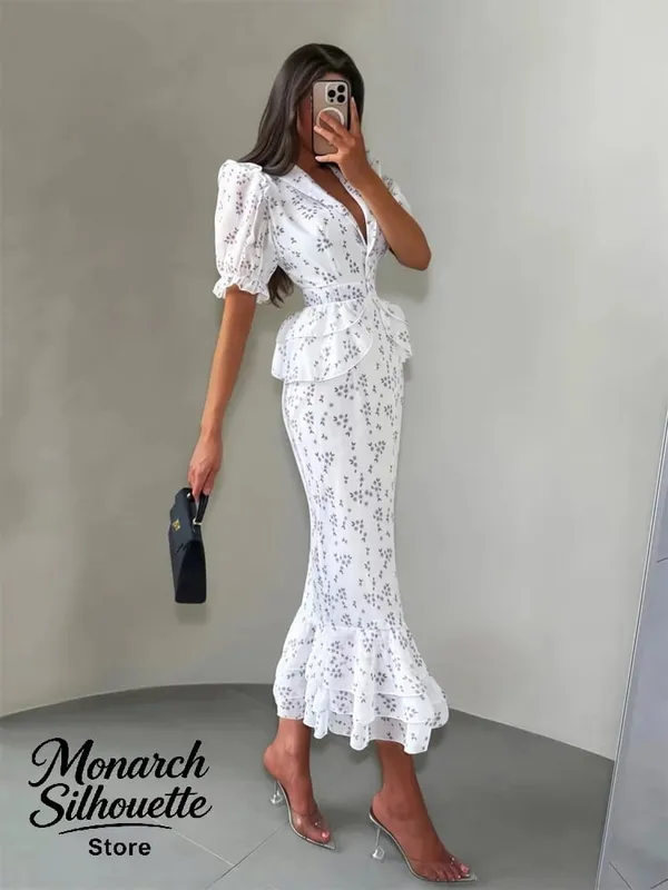 White Pink Floral Choker Neck Dress Women Elegant V-neck 3/4 Sleeves Peplum Ruffle Hem Long Dresses 2026 Lady Daily Vestidos New