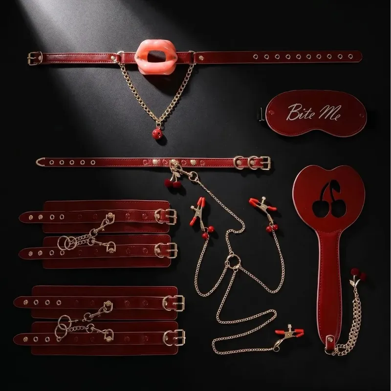 7pcs Sex Toys Set BDSM Bondage Adult Products shaped Mouth Plug Toy Beating Flirting Neck Cover Eyelid Mask Leather Handcuffs