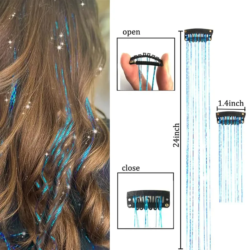 Hair Tinsel Pack of 6 Pcs Hair Tinsel Clip in Glitter Tinsel Hair Extensions Synthetic Hair Tinsel Kit Party Festival Fairy Hair