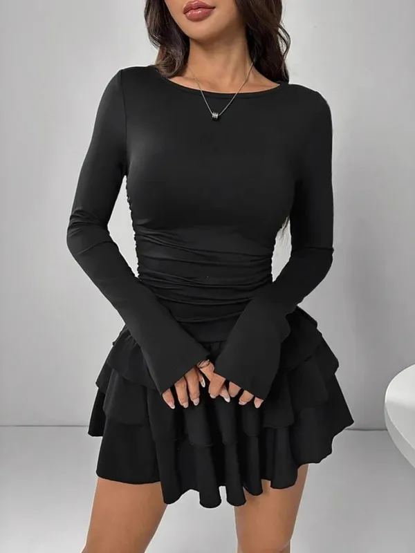 Autumn Winter Solid Color Slim Fit Cascading Ruffles Mini Dress Women Elegant Flare Sleeve High Waist Sexy Party Bodycon Dresses