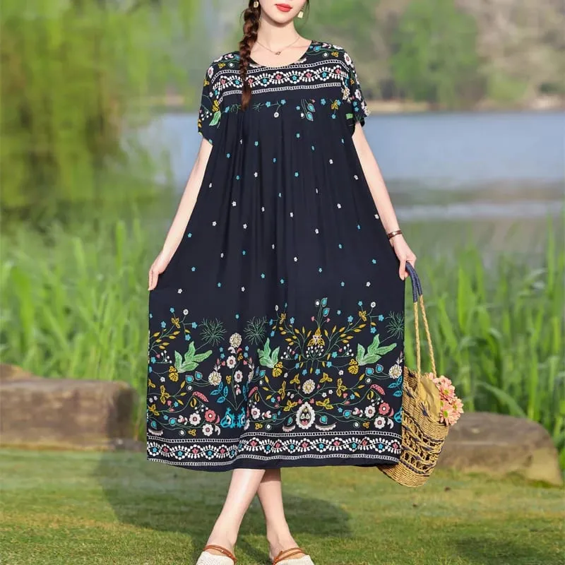 Yeni Moda Rahat 2026 Yaz Elbiseler Kadınlar Için Vintage Kısa Kollu O-Boyun Baskı Gevşek Çiçek Elbise Kadın Giysileri
