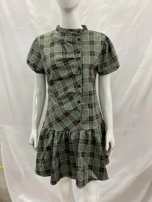 Women's Vintage Plaid A-Line Dress Short Sleeve Stand Collar Button down Pleated Mini Dress Casual Elegant Fashion