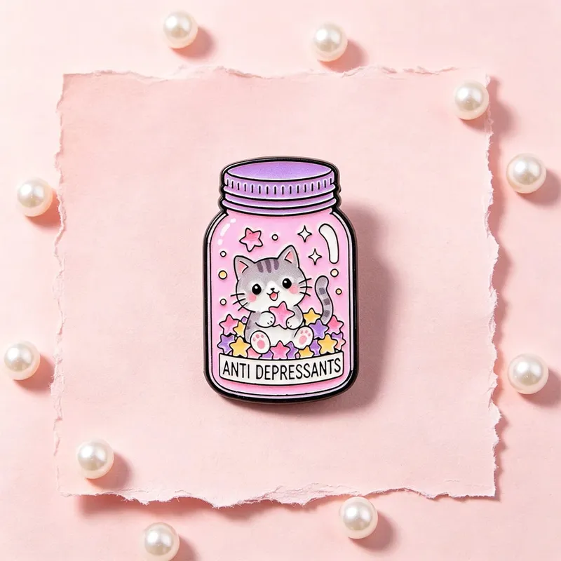 Sweet Pink Cat Star Bottle Enamel Brooch ANTI DEPRESSANTS Badge Cute Animal Lapel Pin Backpack Jacket Decorative Accessory