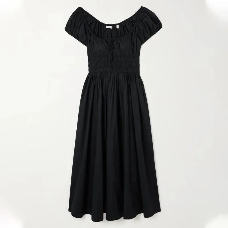 Quinn Style Women Pleated Midi Dress Elegant Puff Sleeve Smocked Waist Organic Cotton Poplin Casual Flare A-Line Dress