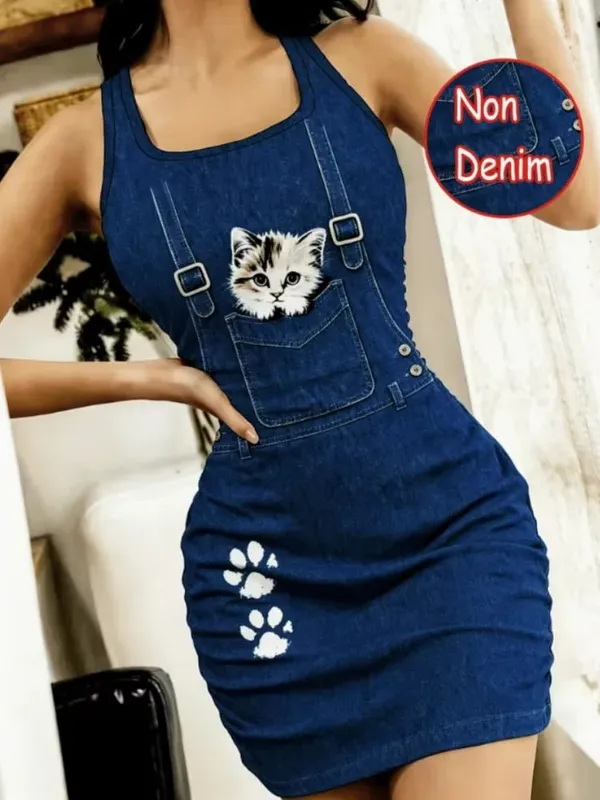 Women’s Spring and Summer Casual Home Wear Tailored Waistcoat with Sleep Dress Faux Denim cartoon Cat Print Sleeveless Sleep