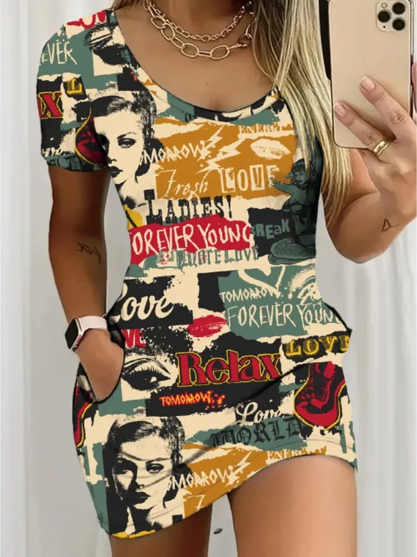 Women's Casual Elegant Comfortable round Neck Short Sleeve Skirt Dress Mini with Letter Figure Pattern Print