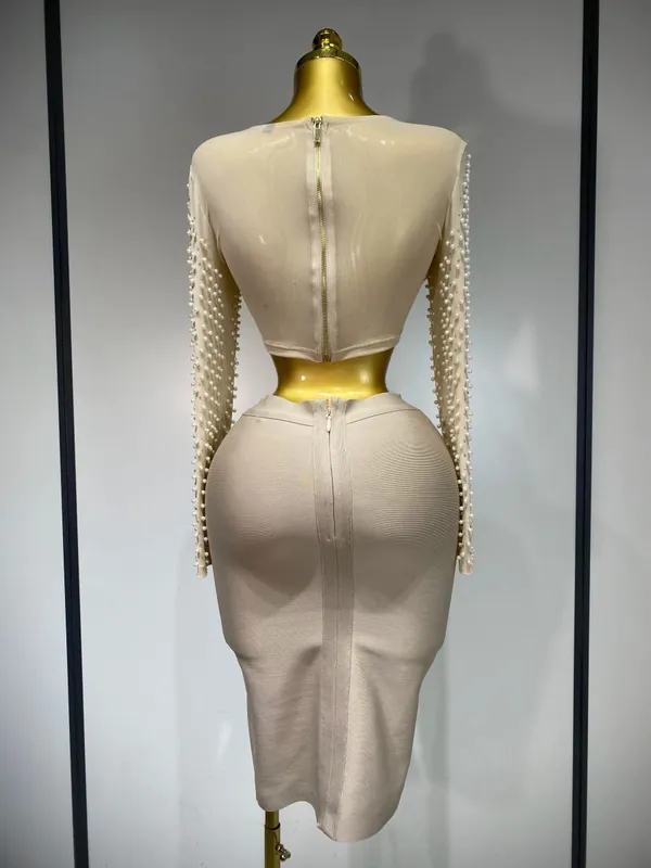 Women Sexy Long Sleeve Mesh Pearl Top Celebrity Midi Women Bandage Set 2025 Designer Evening Party Luxury Birthday Two Piece Set