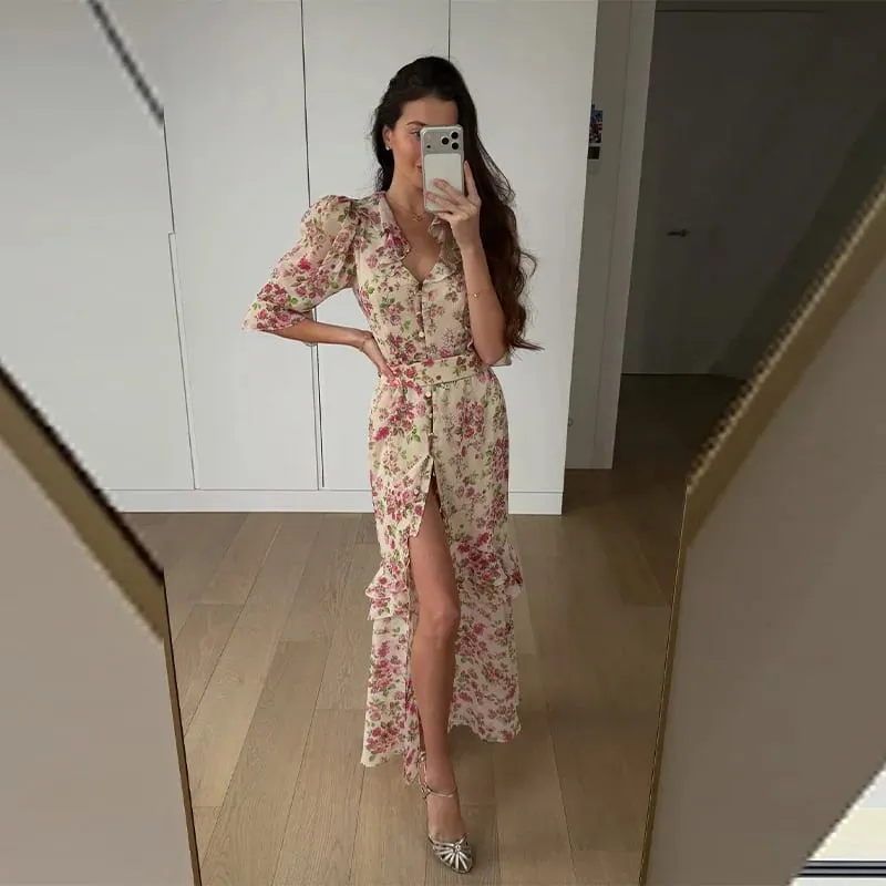 Floral Print Ruffle V Neck Waist Cinching Long Dresses Split Hem Single Breasted Maxi Dress 2026 Party Beach Vacation Vestidos