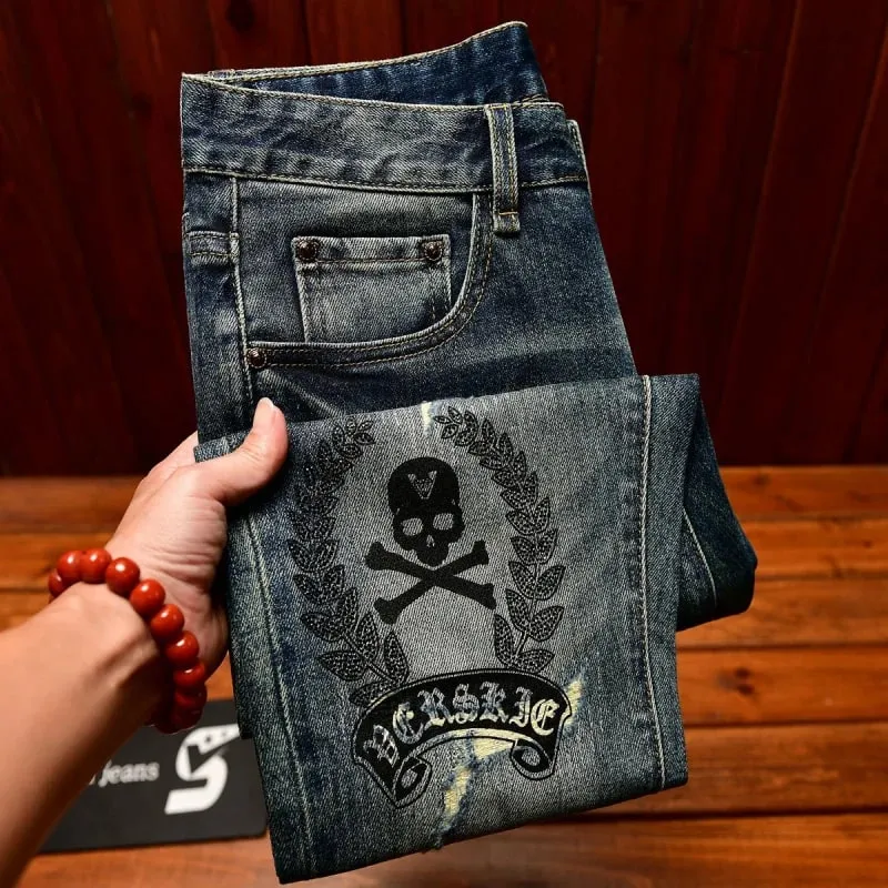 High end jeans men with ripped holes street fashion prints small feet elastic retro and handsome pants