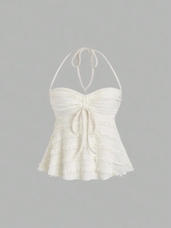 Women's Elegant Texture Fabric Drawstring Front Backless Ruch Hem A-Line Cami Top Casual Slim Fit Pleating Chest Top Summer 2026 — image 2