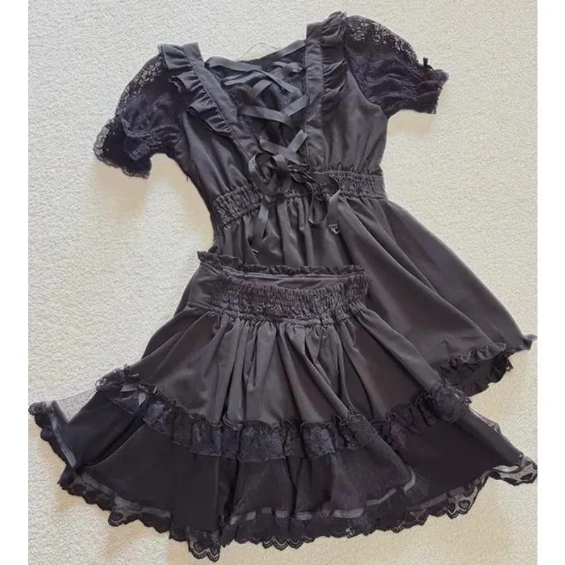 Jirai Kei Dark Sweet Lolita Mini Dress Women Bowknot Lace Puff Corset Heart Ruffle Cake Skirt Japanese Kawaii Harajuku Fashion