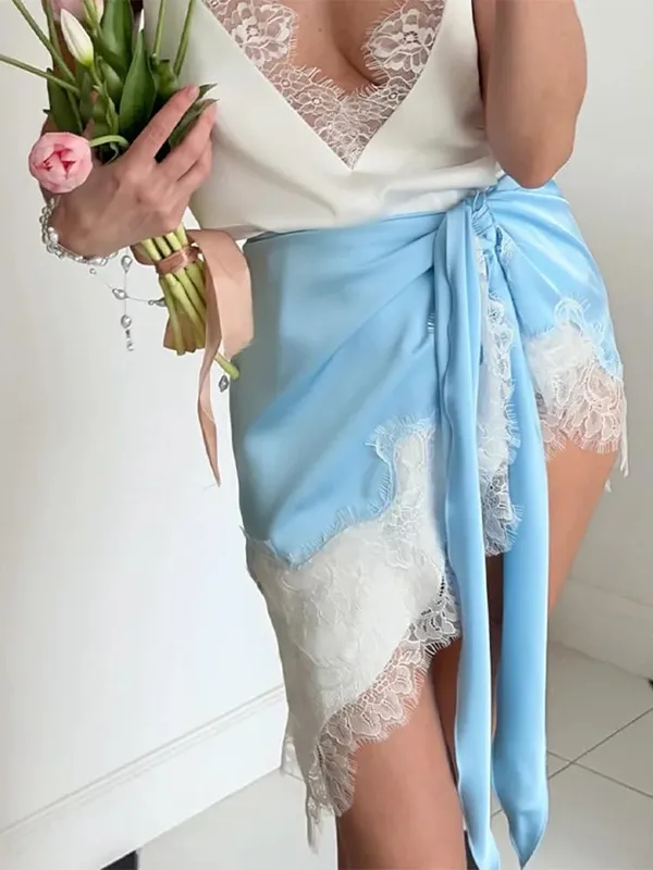 Casual Satin Lace Patchwork Dress Women Long Sleeve O-neck 2026 Spring Female Dresses Casual Solid Beach Robe not contain pearls