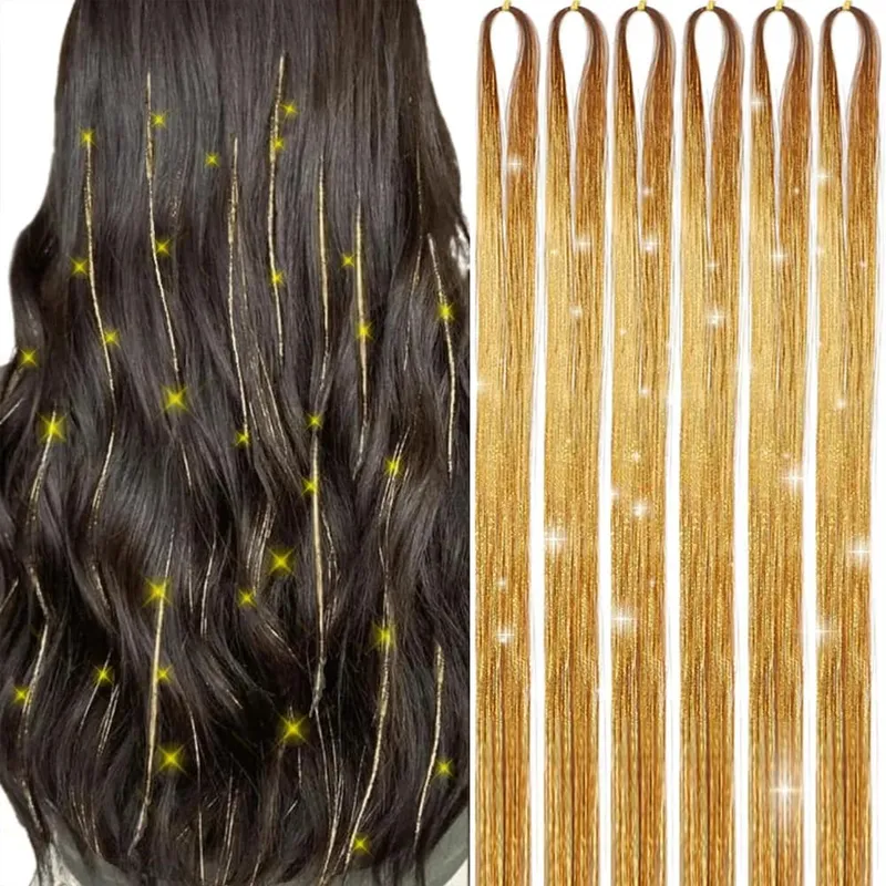 Hair Tinsel Kit 6 Pcs 2000 Strands Silver Tinsel Hair Extensions Fairy Hair Tinsel Heat Resistant Sparkly Shiny Synthetic Hair