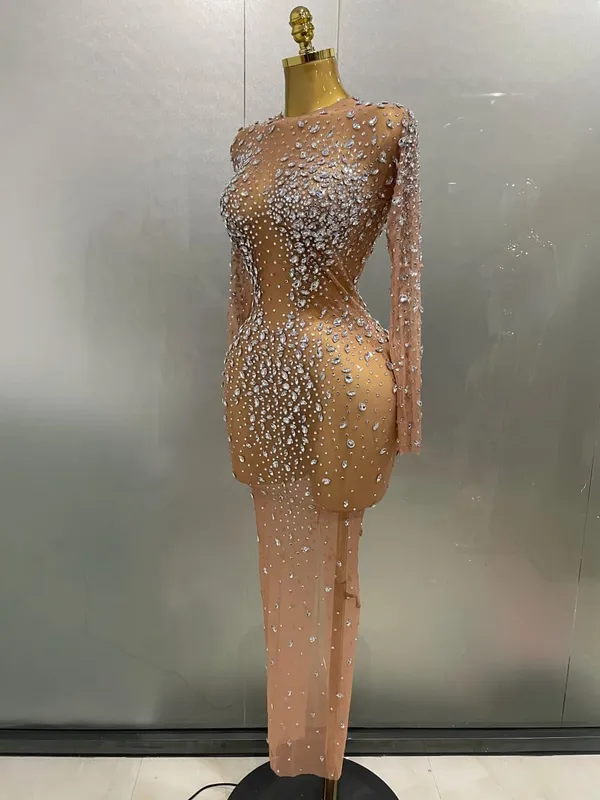 Sexy Shinny Rhinestone Stretch Mesh Transparent Long Dress 2025New Women Evening Birthday Party Prom Nightclub Singer Stage Wear