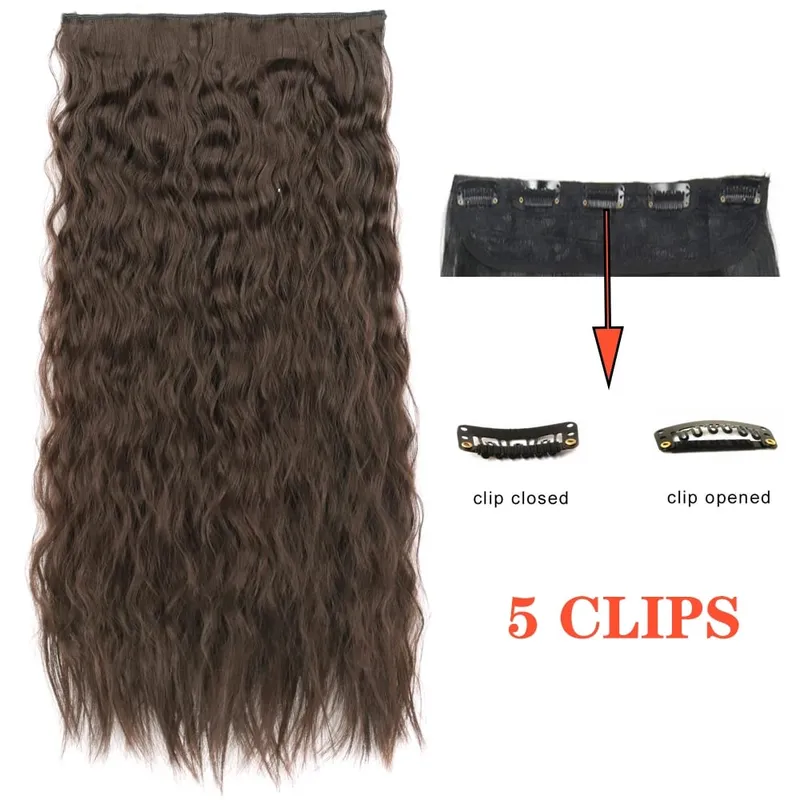 Synthetic Long Wave 5 Clips Hair Extensions Clips in High Temperature Fiber Black Brown Hairpiece