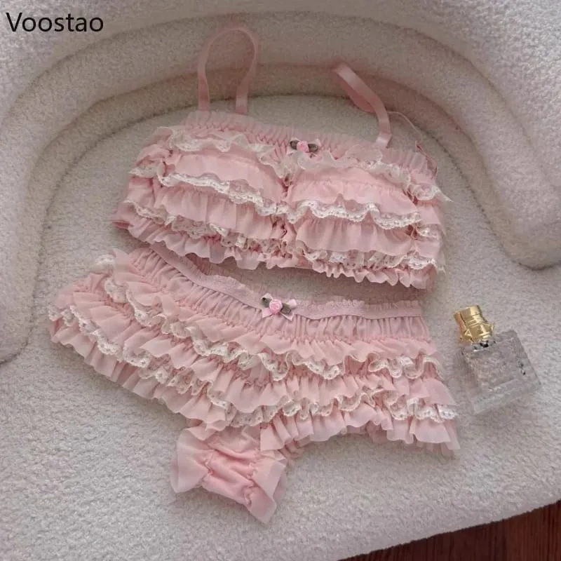 Japanese Sweet Lolita Style Bra Panties Lingerie Set Women Sexy Floral Lace Ruffles Briefs Kawaii Underwear Panty Intimates Sets