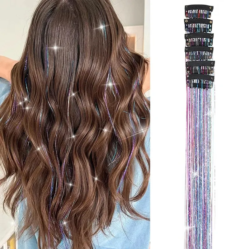 Hair Tinsel Pack of 6 Pcs Hair Tinsel Clip in Glitter Tinsel Hair Extensions Synthetic Hair Tinsel Kit Party Festival Fairy Hair