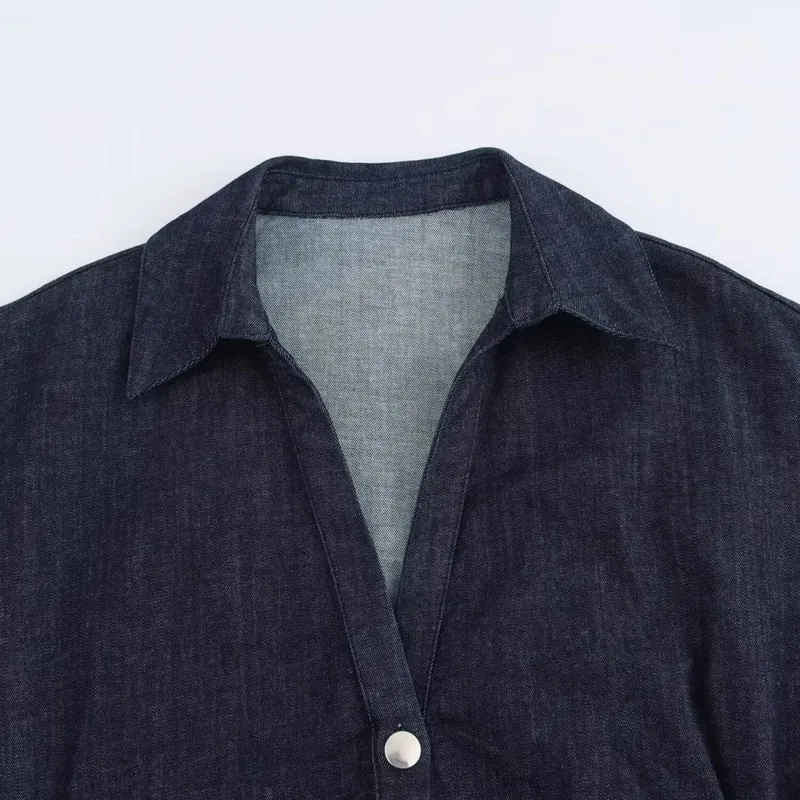 Pakaian MIDI denim siri ETJ 2025 Musim Bunga Baharu 1975 dengan zip sisi lapel fesyen pinggang kedut pakaian elegan langsing