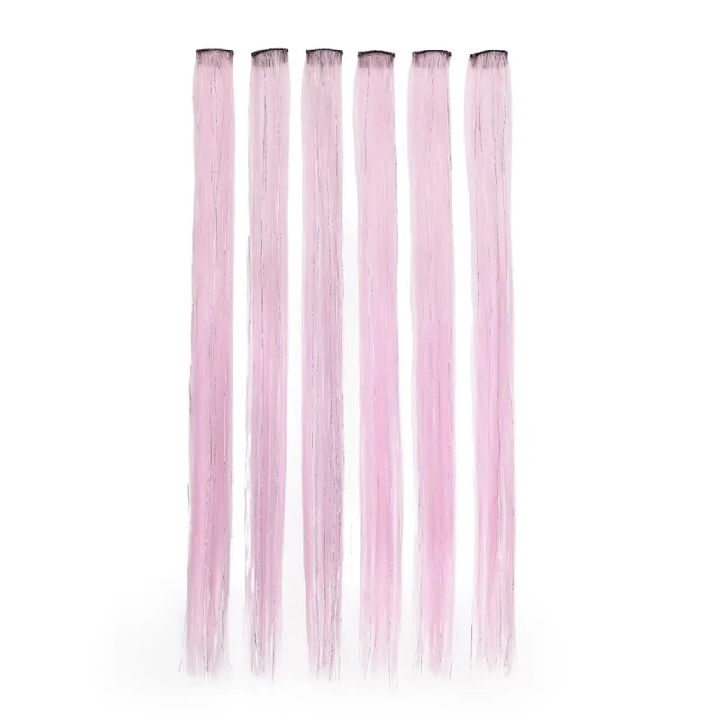 Synthetic 6pcs Clip in Hot Pink Hair Extensions Mix tinsels 22 Inch Colored Hair Extensions 2 in 1 Rainbow Hair