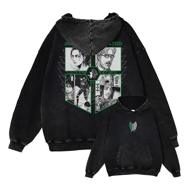 Anime Levi Hoodies Vintage Washed A-Attack on Titan Hoodie Casual Manga Yeager Eren Kapuzenpullover Titan Attack Pullover