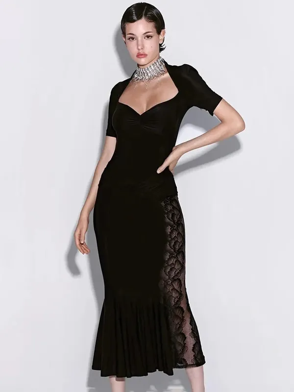 Ticketsx Sexy Lace Dress Set Women Fashion V-Neck See-Through Patchwork Pleated Slim Skirts Set Elegant Party Evening Dress Set