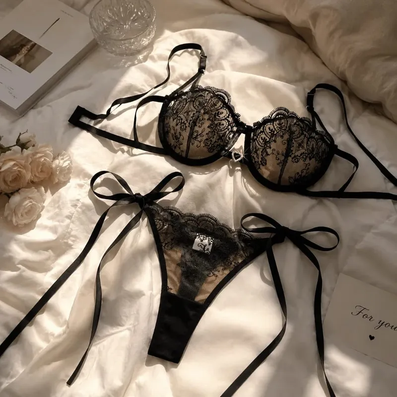 Bohemia Floral Embroidery Lace Lingerie Set Lace-up Mesh Transparent Thong Bra Suit Ultra-thin Hollowed-out Underwear Sets Lady